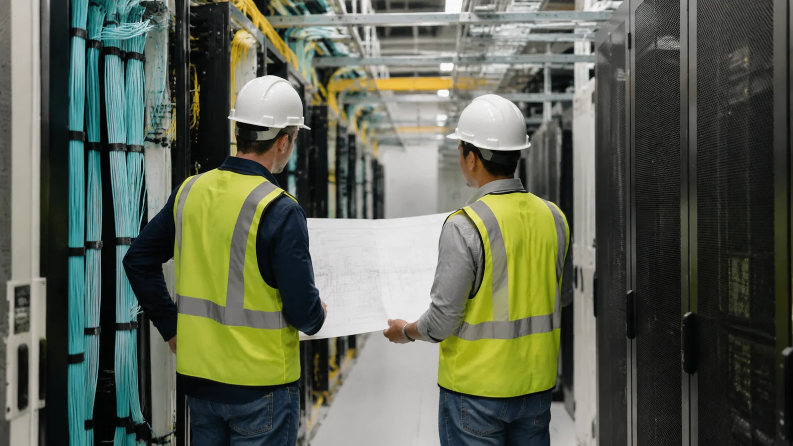 Engineers in a data-center aisle review a drawing near enclosed racks, overhead pathways and fiber bundles.