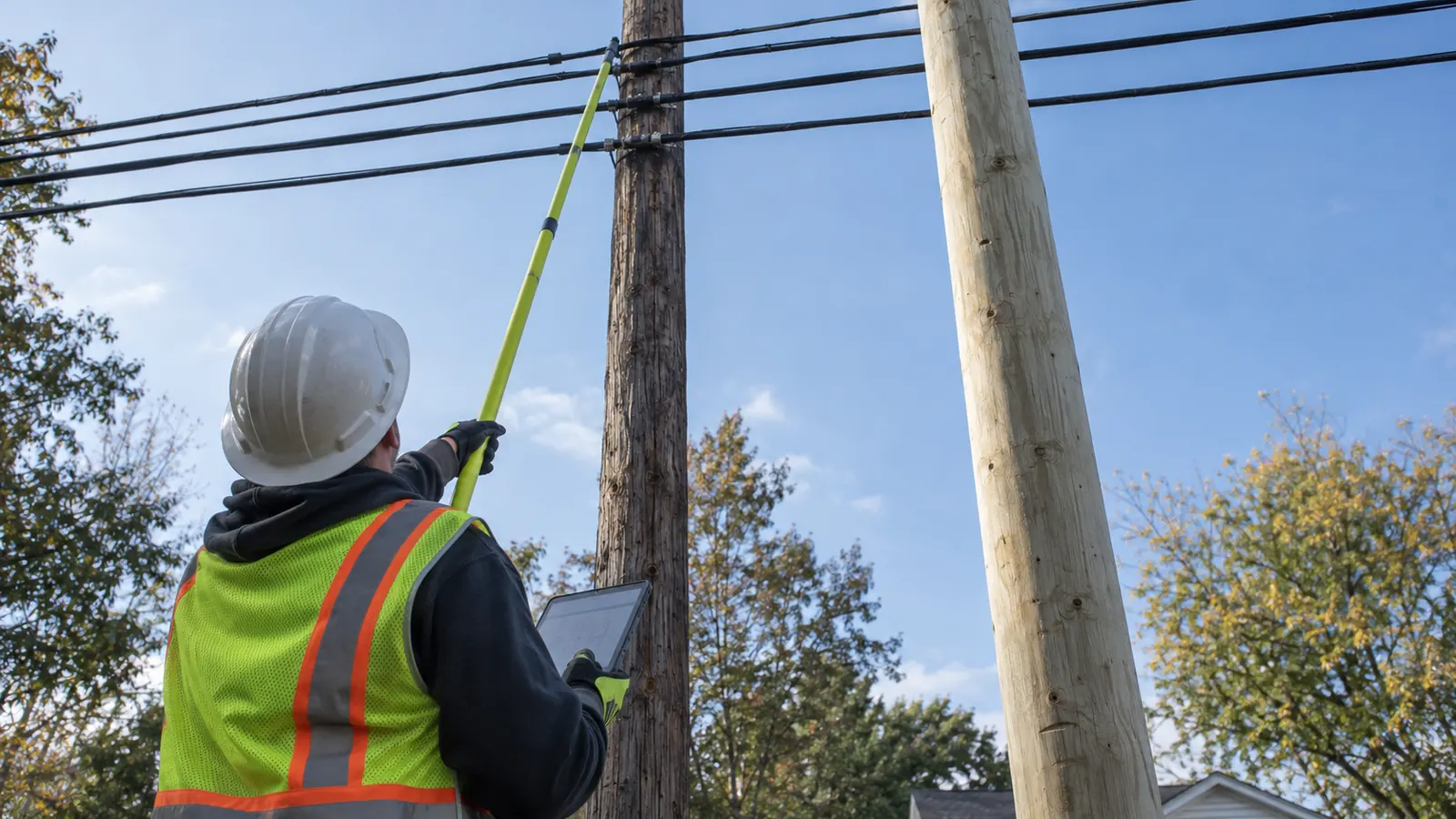 A worker in a hard hat and vest holds a tablet and raises a yellow telescoping stick to cables beside two wooden poles.