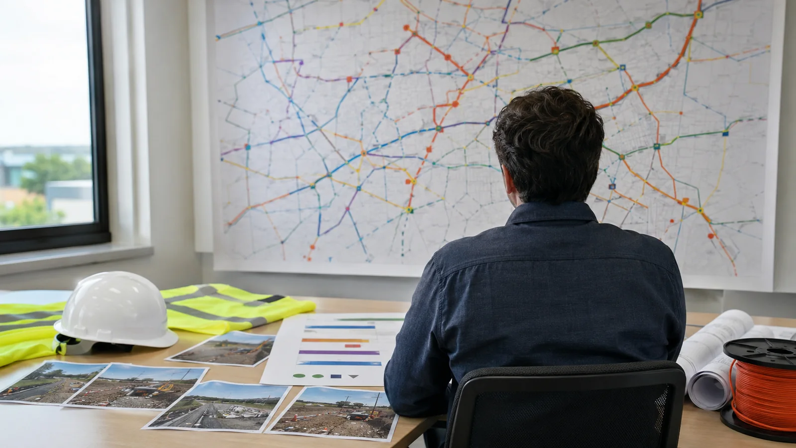 Rear-view fiber program manager reviews a route map, progress dashboard, and construction photo records.