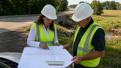 County road right of way with utility markings and a fiber route plan under field review