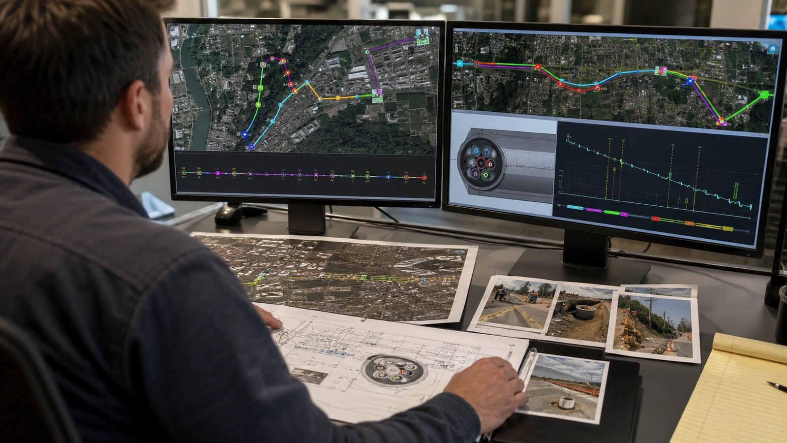 Carrier fiber planners reviewing a dark fiber route map beside an urban conduit access point