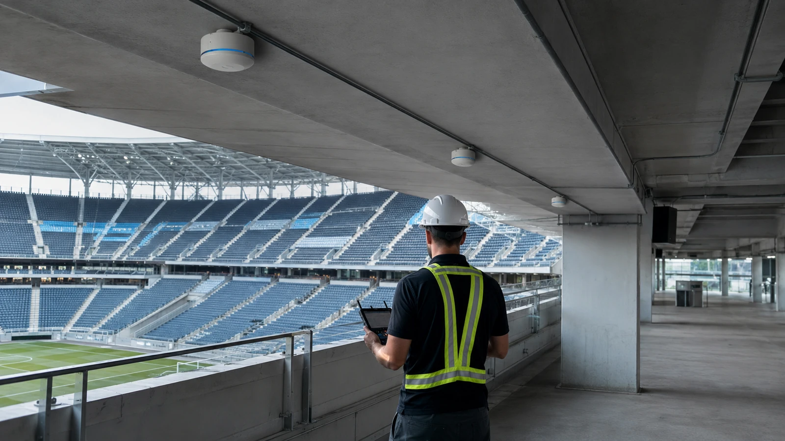 Technician using a handheld device beneath ceiling antennas in an empty stadium concourse