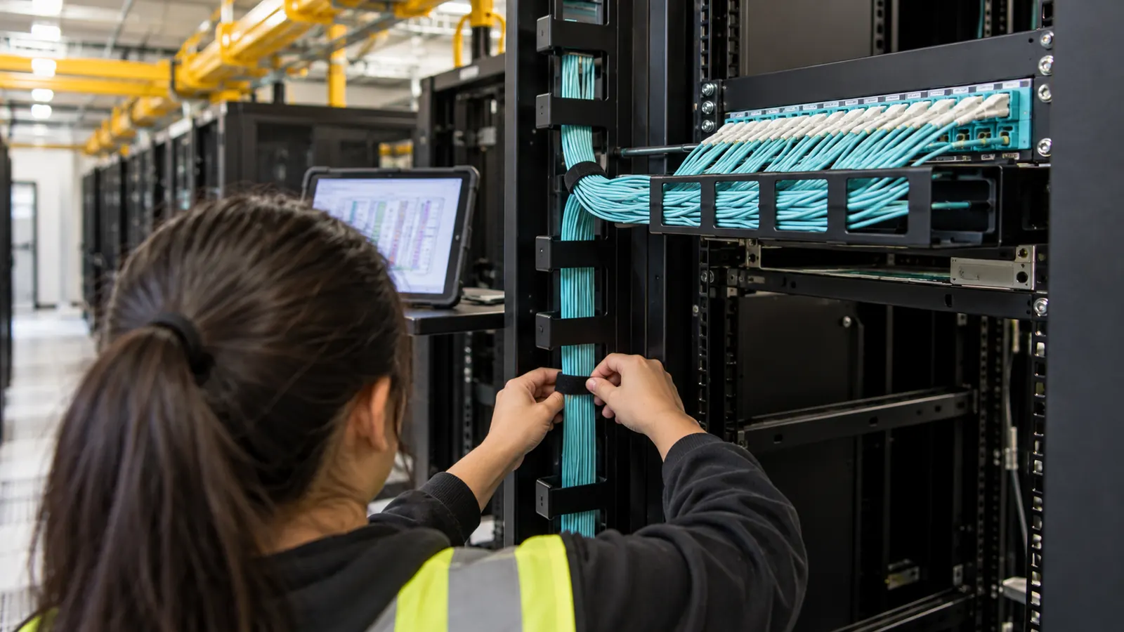 A technician in a hi-vis vest fastens a strap around a bundle of aqua cables on a data center rack.