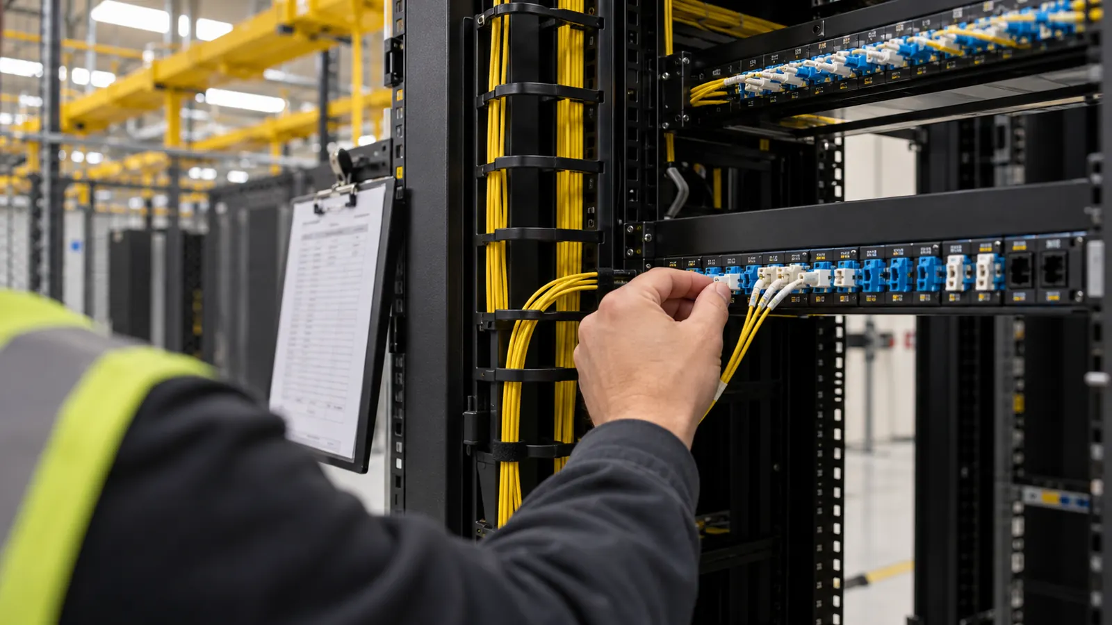 A worker in a safety vest plugs yellow fiber patch cords into a rack-mounted patch panel in a data center.