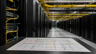 Data center aisle with overhead fiber trays and an engineering floor plan