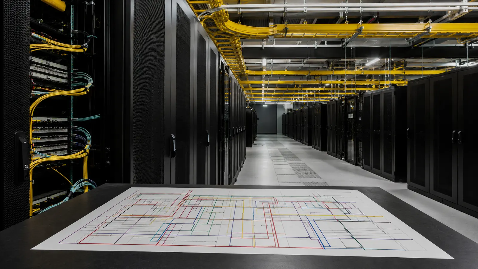 Data center aisle with overhead fiber trays and an engineering floor plan