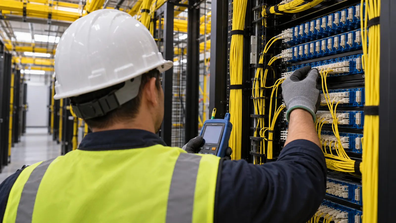 A technician in a white hard hat holds a handheld tester while connecting yellow fiber cables at a data center rack.