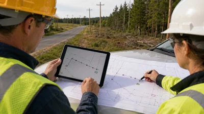Utility engineer reviewing an overhead distribution line extension route beside rural poles