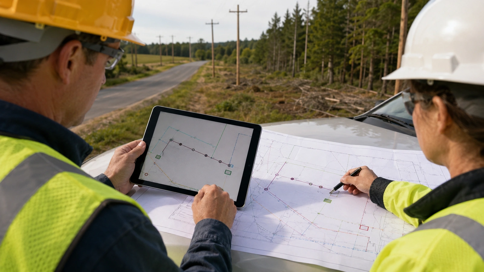 Utility engineer reviewing an overhead distribution line extension route beside rural poles