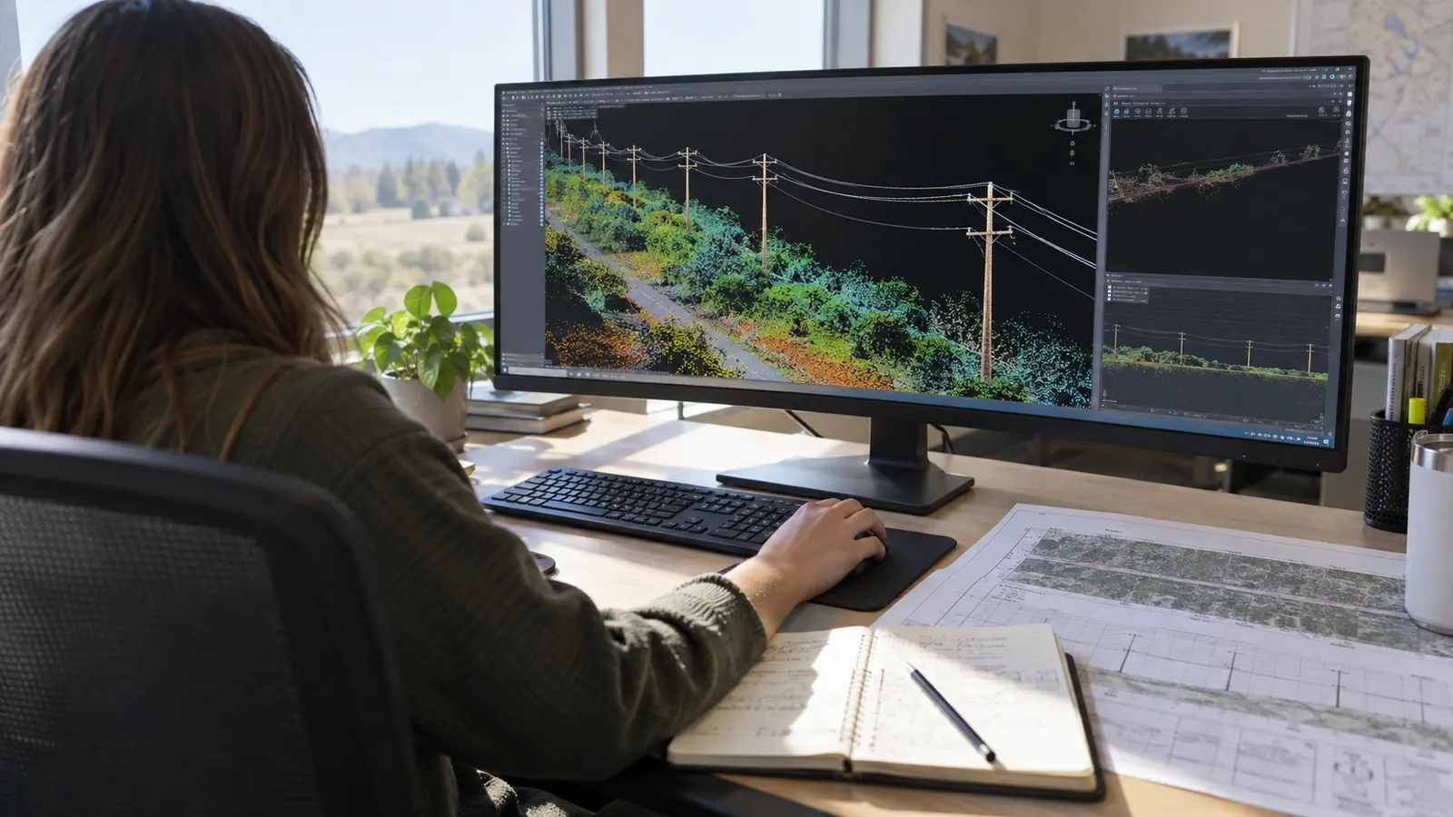 A person at an office desk views a 3D point cloud of a utility pole line on a wide monitor beside printed maps.