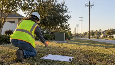 A worker in a hard hat and safety vest kneels on a residential lawn placing an orange flag near a green utility box.