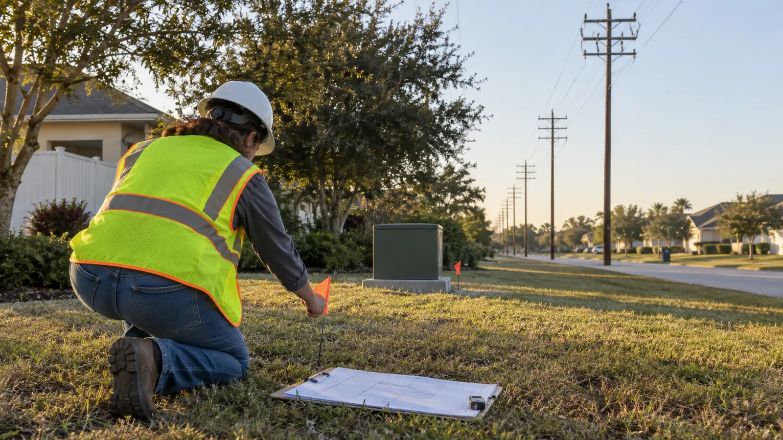 A worker in a hard hat and safety vest kneels on a residential lawn placing an orange flag near a green utility box.