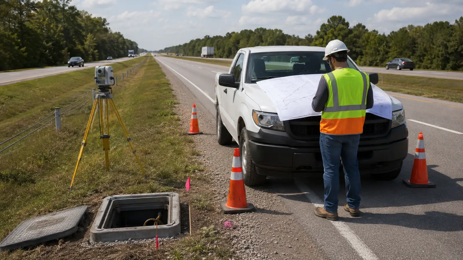 Telecom engineer reviewing permit drawings beside a controlled highway right-of-way