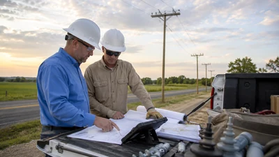 Rural electric distribution line crew setting a wood pole beside a cooperative right of way