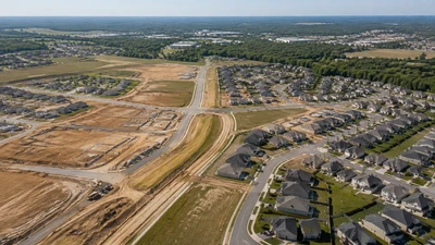 Oblique aerial view of completed homes, new streets, and graded construction areas in an expanding suburban neighborhood