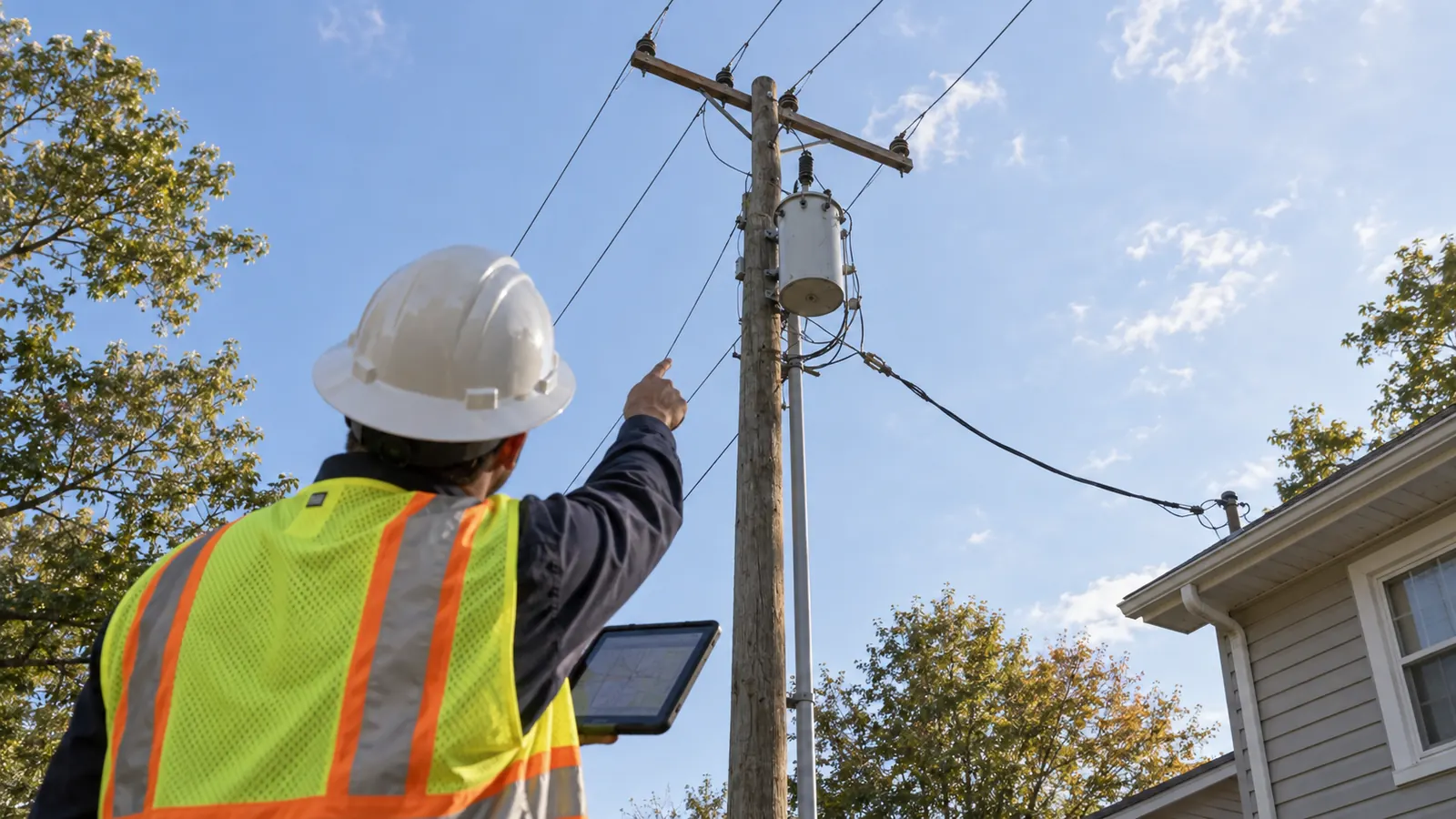 A worker in a hard hat and safety vest holds a tablet and points up at a pole-mounted transformer beside a house.