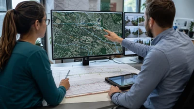 Electric utility engineer reviewing distribution line field redlines against a circuit drawing