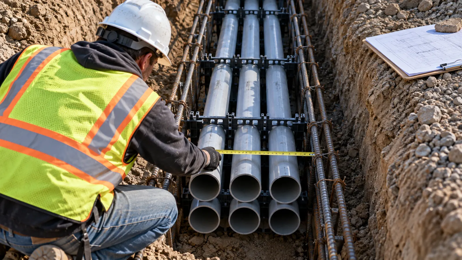 A worker in a hard hat and safety vest measures stacked gray conduits with rebar and spacers in an open trench.