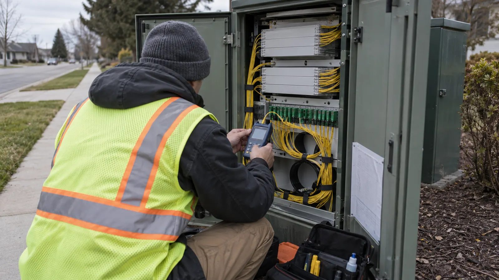 A worker in a safety vest kneels at an open green sidewalk cabinet, holding a handheld meter to its yellow cables.