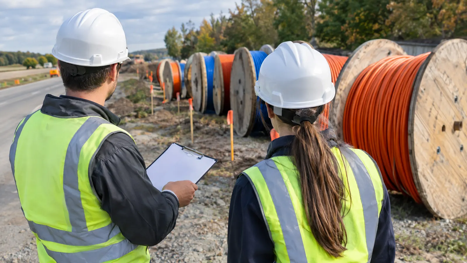 Two workers in hard hats and safety vests, one with a clipboard, look over roadside reels of orange and blue cable.