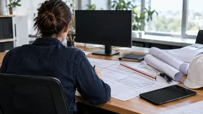 A person seated at an office desk marks up a floor-plan drawing with a pen beside a scale ruler, monitor, tablet and white hard hat.
