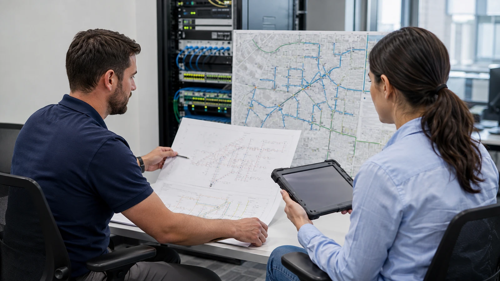 Two ISP records specialists review an unlabeled fiber route map and splice sheets beside a network rack and rugged tablet