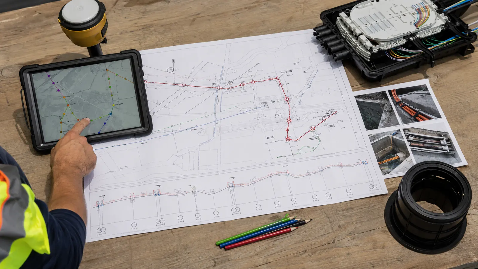 Engineer comparing redlined fiber route drawings with field photos and mapped assets