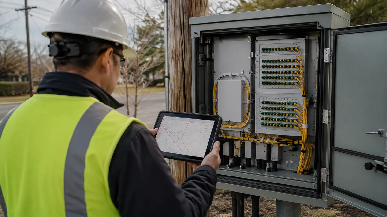 Safety-vested fiber engineer compares a route map on a rugged tablet with an open roadside distribution cabinet