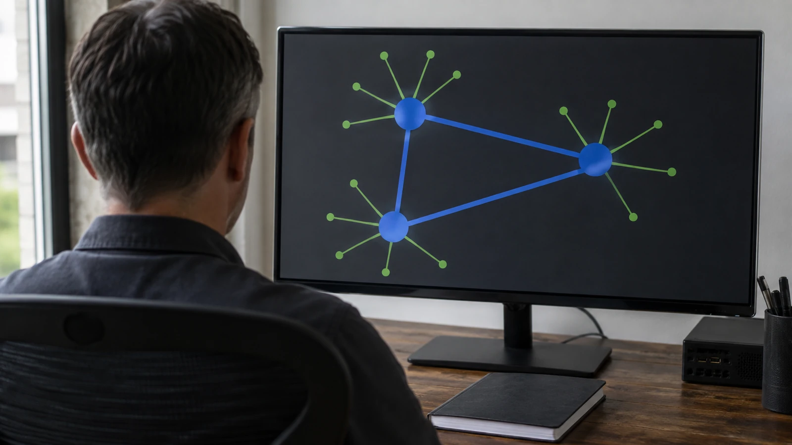 Telecom engineer viewed from behind reviewing unlabeled blue backbone links and green distribution branches on a monitor