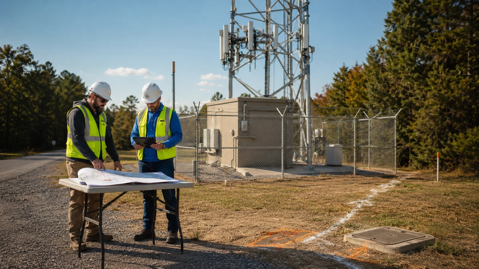 OSP engineers reviewing a fiber backhaul route plan outside a secured cell tower compound
