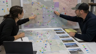Broadband permit coordinator reviewing route sheets and agency comment status on a project board