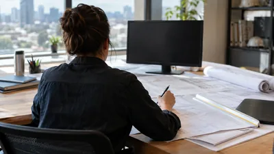 A person seated at an office desk by a city-view window writes with a pen on drawings beside a blank monitor and a scale ruler.