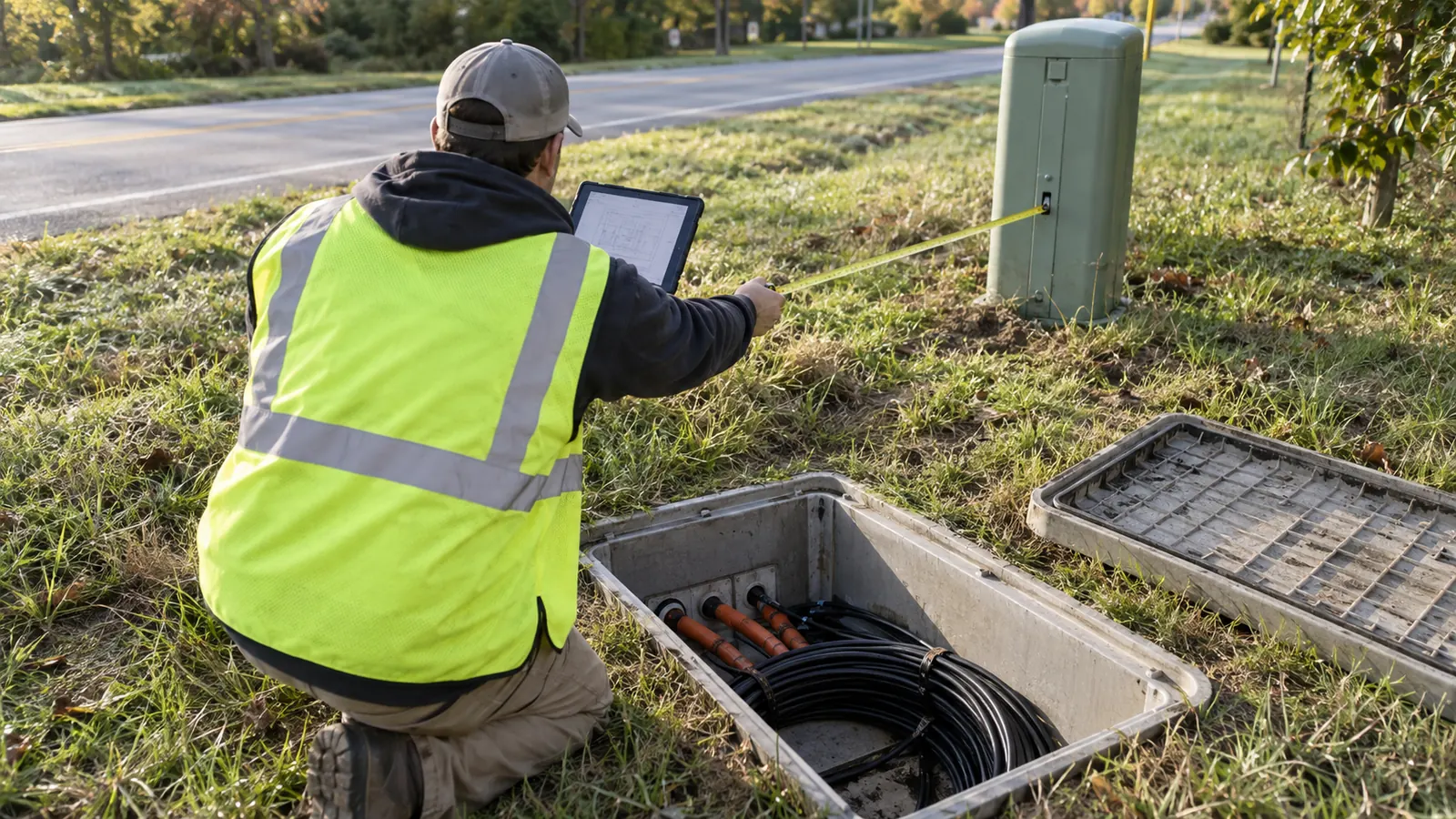 A worker in a safety vest kneels by an open cable vault, stretching a tape measure to a green roadside pedestal.