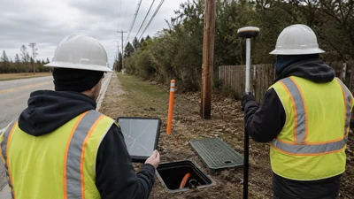 Two OSP reviewers compare a network map with GNSS field measurements beside an open fiber handhole