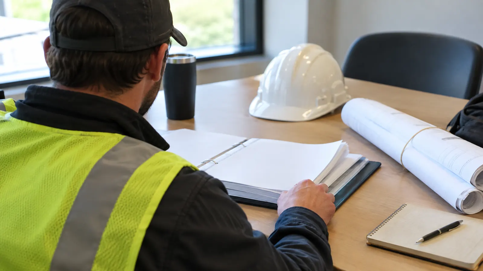 A worker in a yellow safety vest at an office table holds a binder open beside a white hard hat and rolled plans.