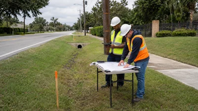 Fiber construction supervisor checking right of way permit sheets beside a marked work zone