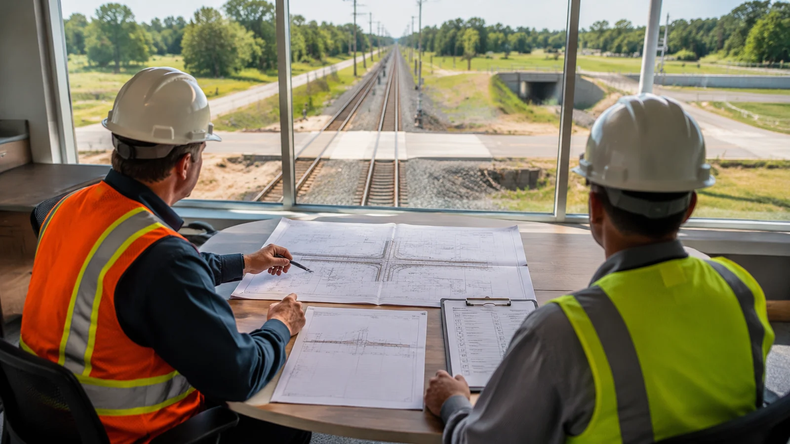 Two hard-hatted professionals review unlabeled crossing plans indoors while railroad tracks remain visible through a window.