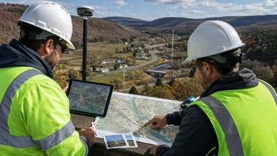 Rural ISP engineering team reviewing an aerial and underground fiber route across a low-density service area