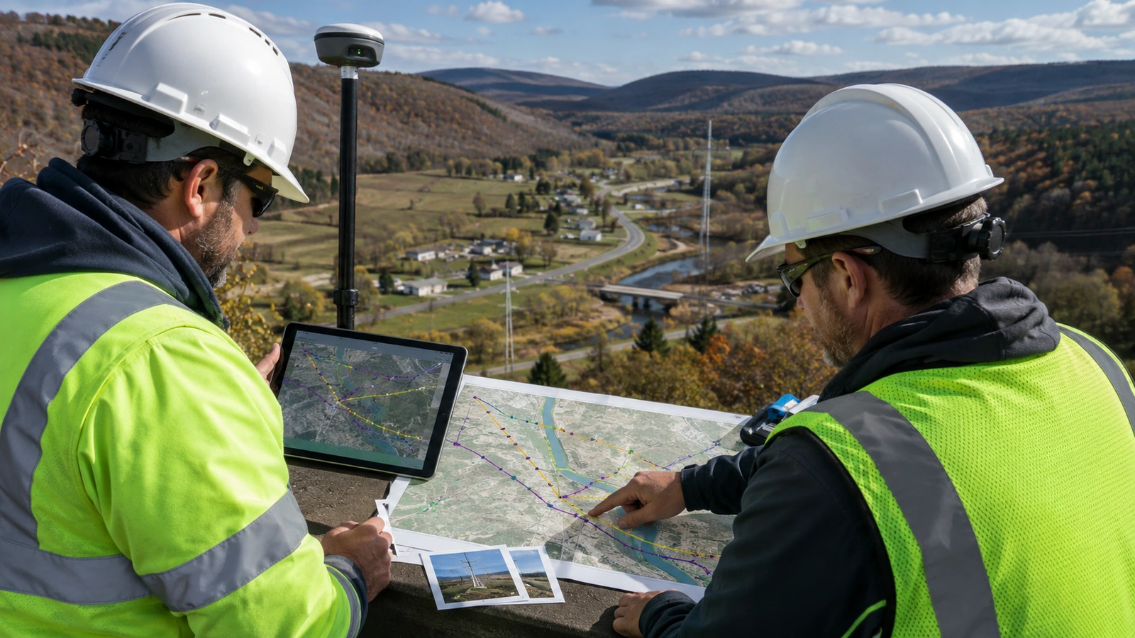 Rural ISP engineering team reviewing an aerial and underground fiber route across a low-density service area