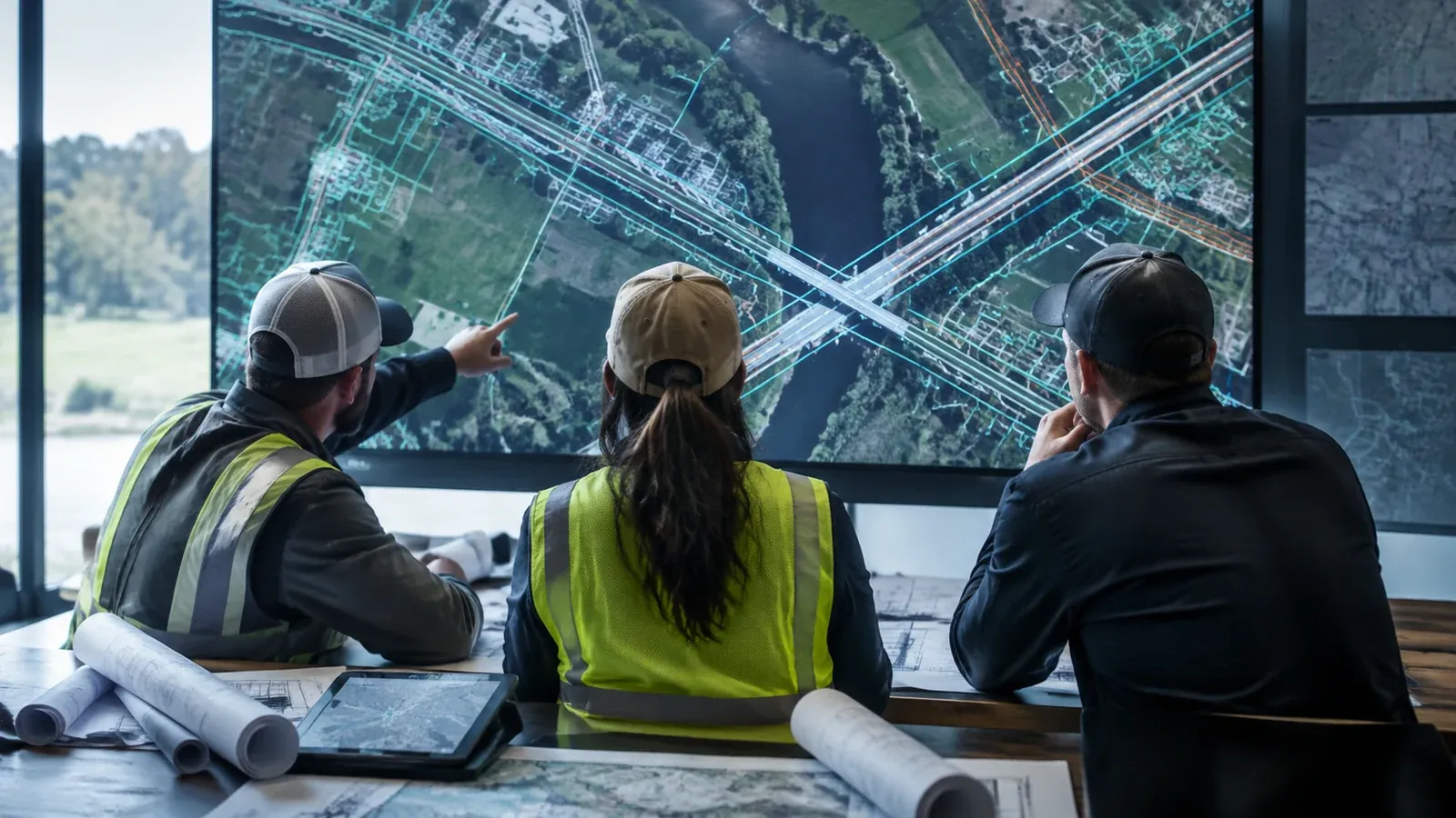 Three people review road, bridge, parcel and utility overlays on a large indoor display, with plans and a tablet on the table.