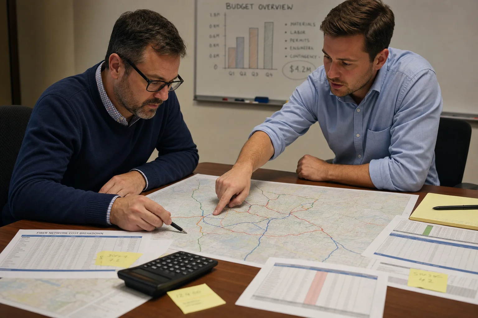 Two telecom engineers reviewing fiber network route map and cost breakdown spreadsheets at conference table with budget chart on whiteboard behind them