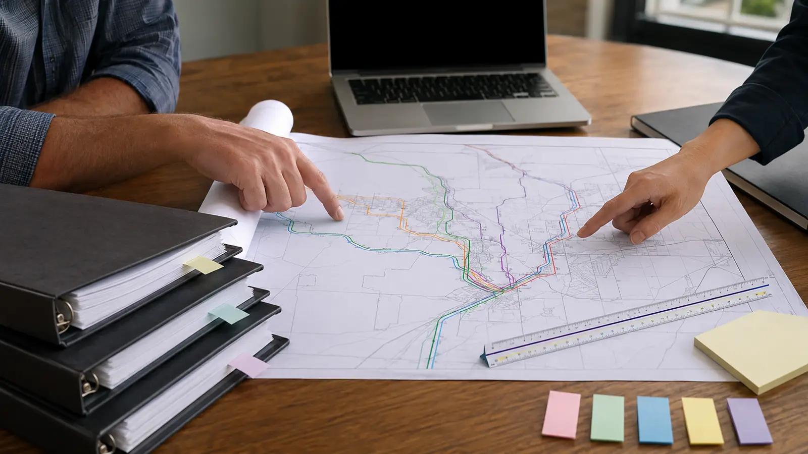 Fiber design services RFP template shown as a scope-of-work document beside an FTTH fiber route design on a workstation