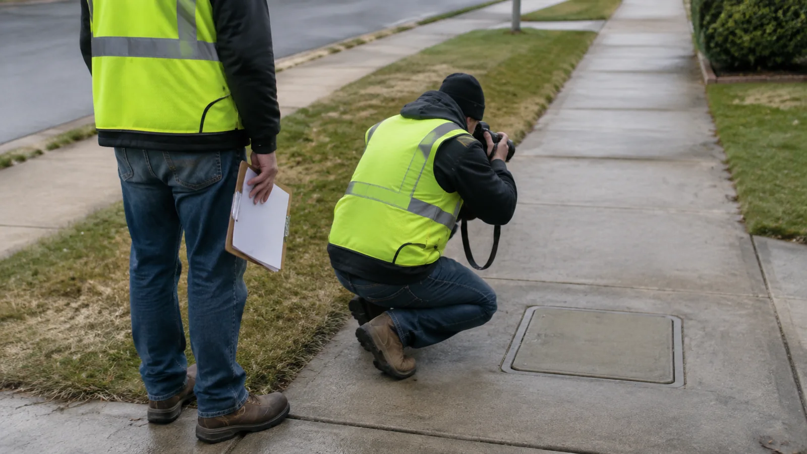 Two utility field professionals document a damp sidewalk corridor beside a closed handhole.