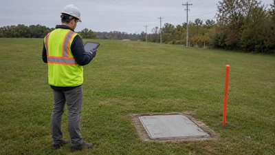 Field technician in a high visibility vest documents a closed handhole from a grassy utility verge