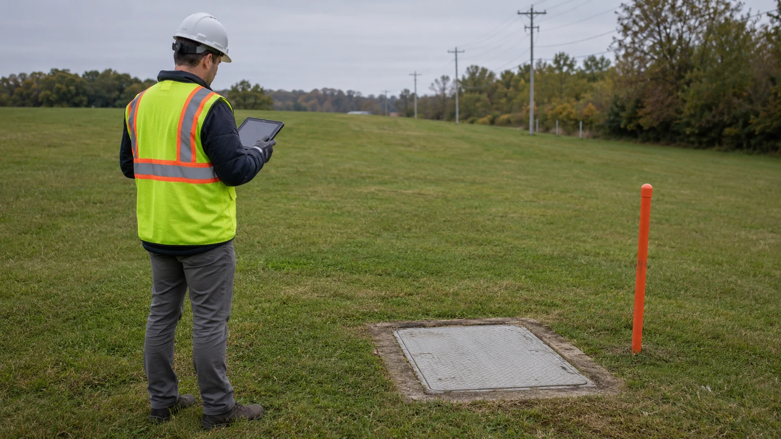 Field technician in a high visibility vest documents a closed handhole from a grassy utility verge