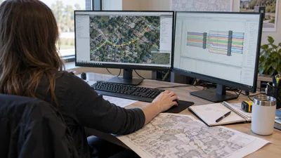 A person at an office desk uses a mouse beside two monitors showing an aerial route map and a colored line diagram.