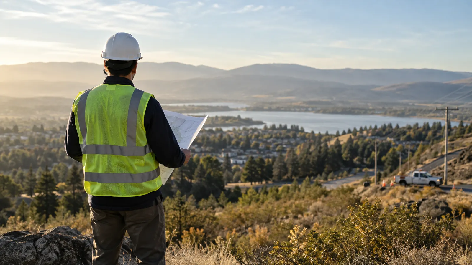 A worker in a hard hat and safety vest studies a paper map on a hillside above a lake, a white pickup parked below.