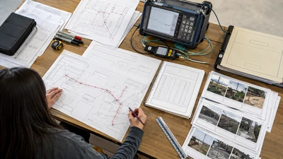 Engineering reviewer organizes redline route drawings, field photos, and an optical test record for fiber closeout