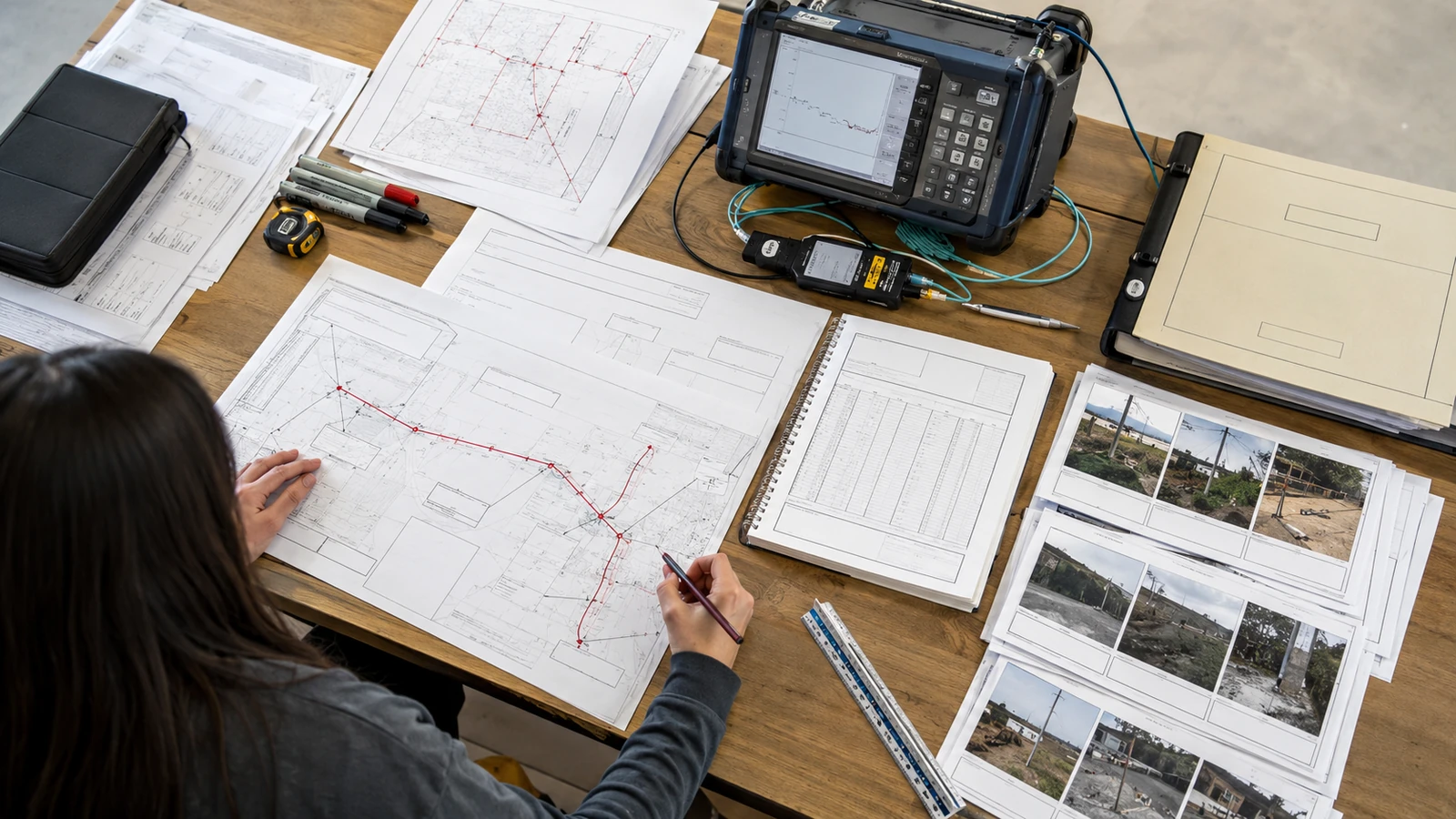 Engineering reviewer organizes redline route drawings, field photos, and an optical test record for fiber closeout