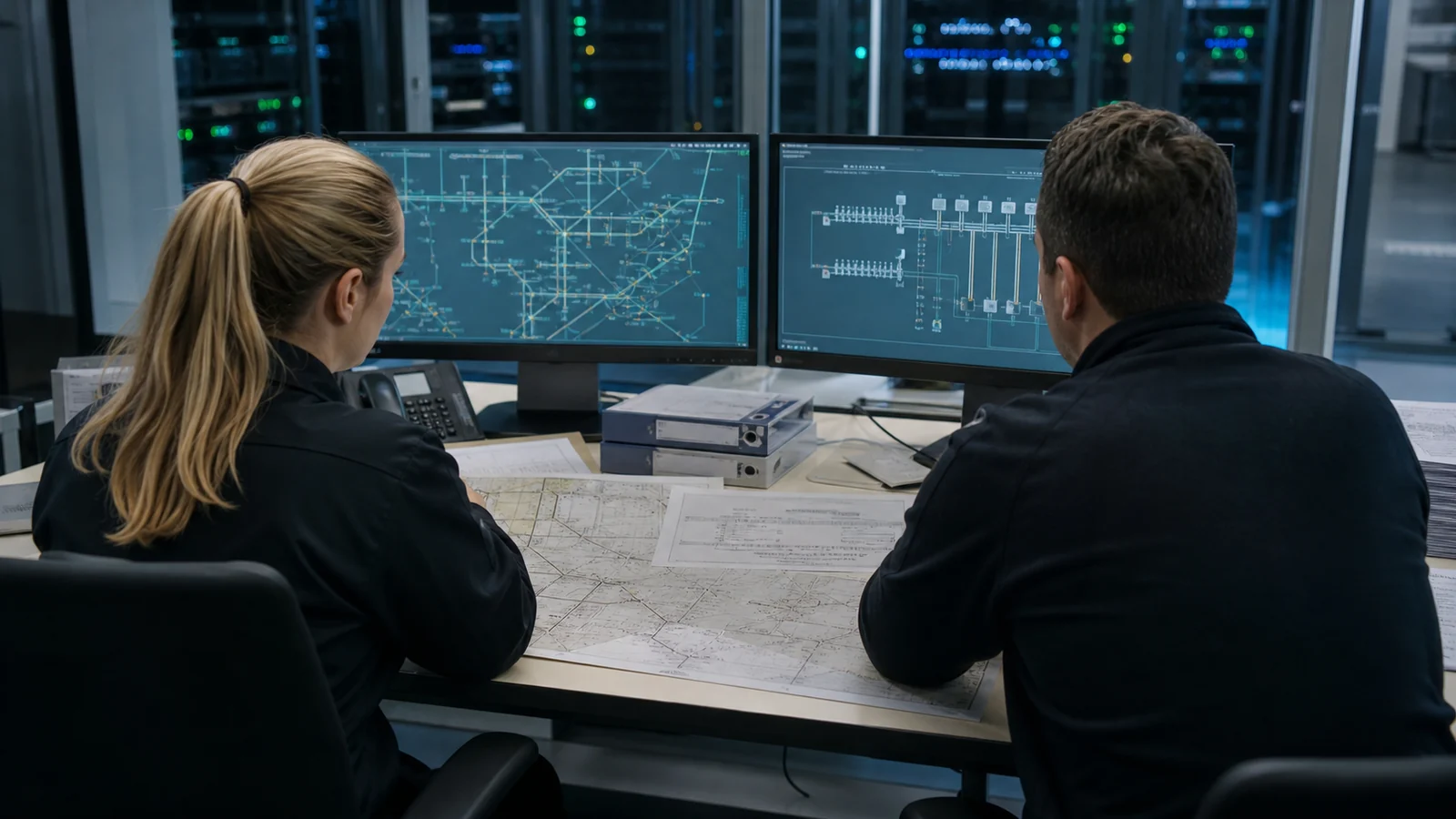 Two people review a paper map and network diagrams on two monitors in a server room.